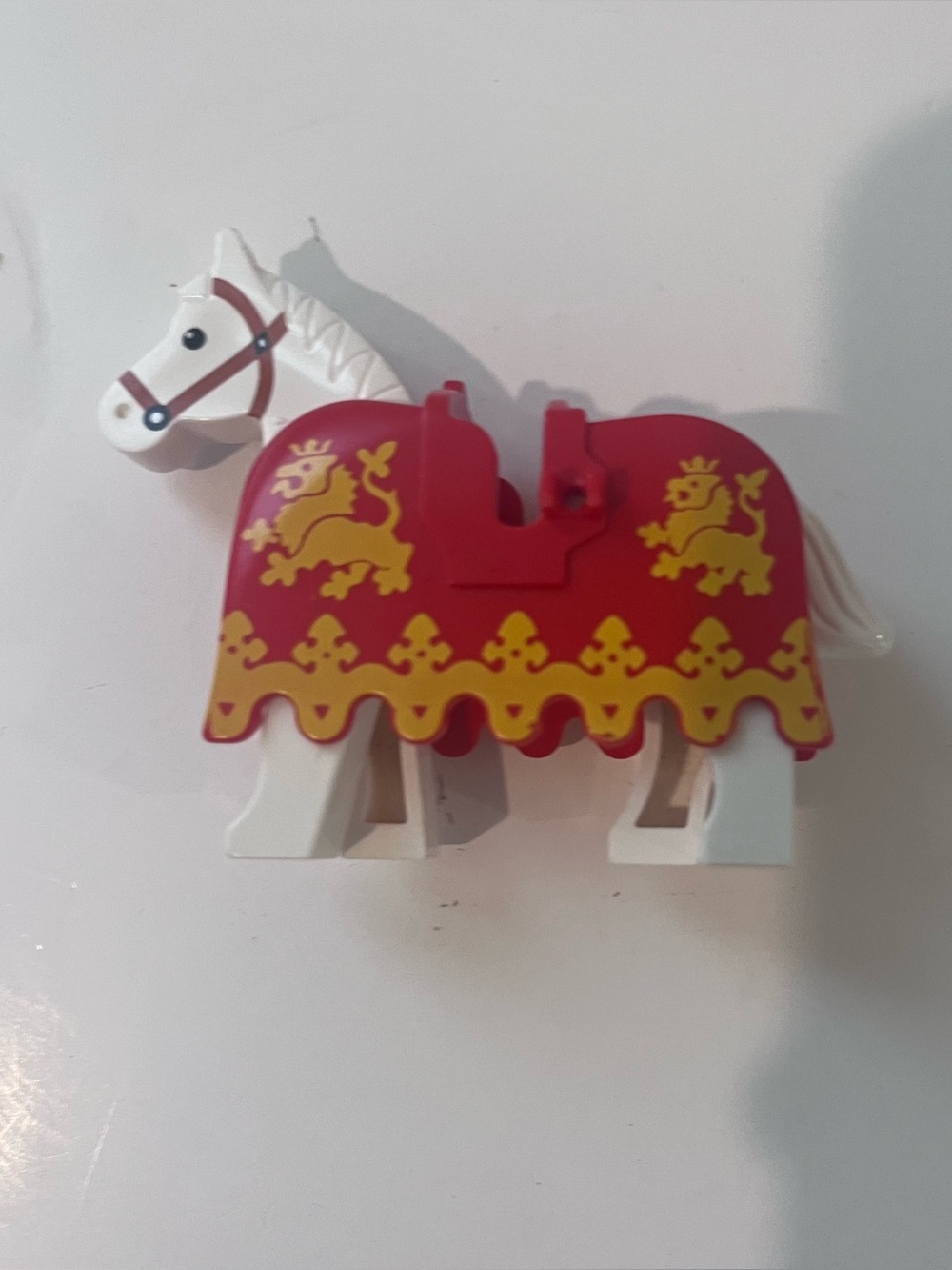 Lego White and Red Medieval Toy Horse with Yellow Heraldry - Kids Toys Vintage